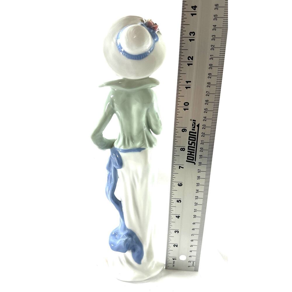 Porcelain Lady Figurine 14” Woman Wide Brim Hat Green Blue Floral Elegant - Picture 6 of 8